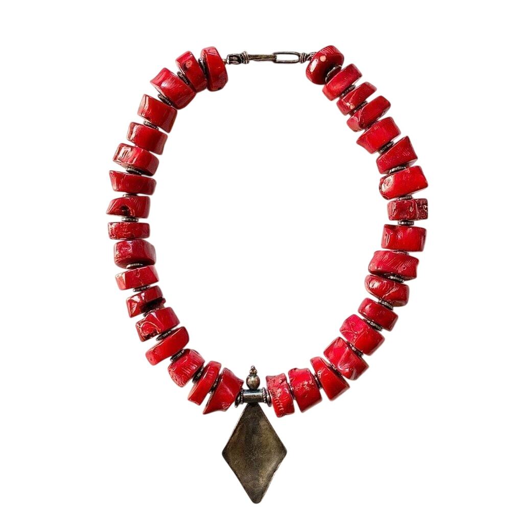 Chunky Red Coral Statement Necklace Sterling Silver Pendant 20” 10.3oz‎ - Picture 4 of 14